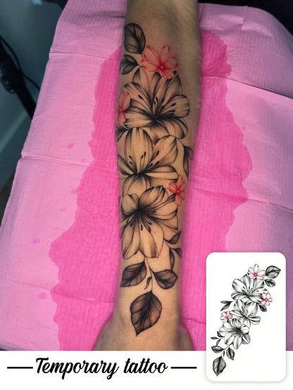 1pc Black Ink Fine Line Realistic Lily Flower Pattern, Suitable For Parties, Weddings And Special Occasions, Floral Temporary Tattoo Sticker, Party Decoration, Nature Inspired Tattoo Sticker Lasts 3-5