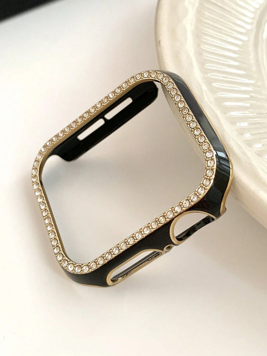 1pc Black Shiny Rhinestone Decor Hollow Protective Case With Anti-Drop Laser Engraved Frame, Fit For Apple Watch 40/41/42/44/45/46/49mm, Suitable For Apple Watch Series Ultra/SE/11/10/9/8/7/6/5/4, Sma
