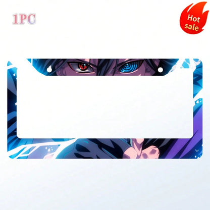 1pc Blue And Black Anime Eyes Pattern 2 Hole License Plate Frame Aluminum Material 6x12 Inches With Screw Set Cartoon Funny Car Decoration Standard US License Plate Size