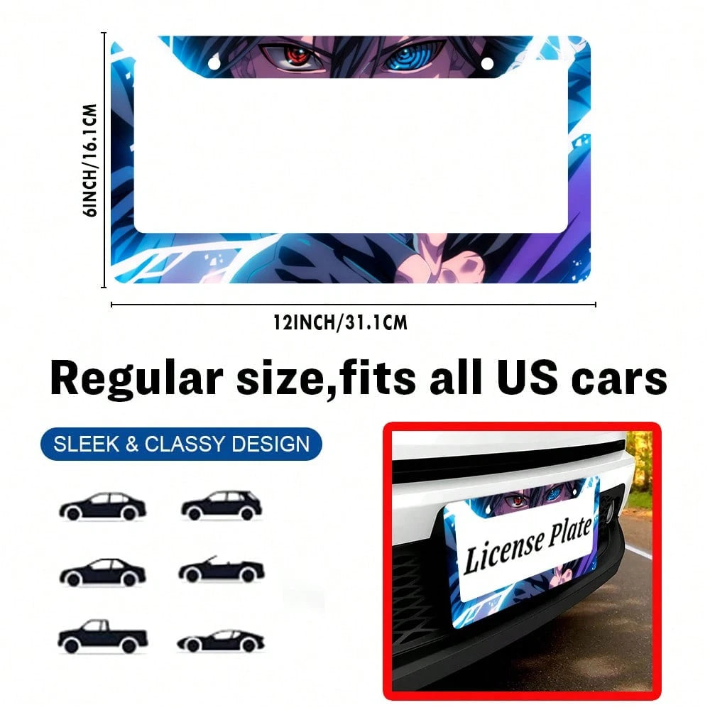 1pc Blue And Black Anime Eyes Pattern 2 Hole License Plate Frame Aluminum Material 6x12 Inches With Screw Set Cartoon Funny Car Decoration Standard US License Plate Size