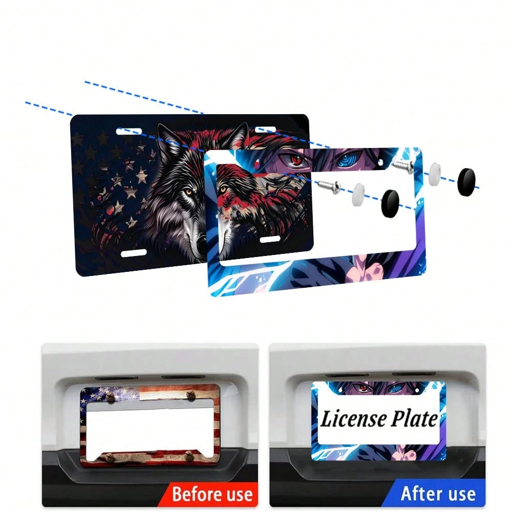 1pc Blue And Black Anime Eyes Pattern 2 Hole License Plate Frame Aluminum Material 6x12 Inches With Screw Set Cartoon Funny Car Decoration Standard US License Plate Size