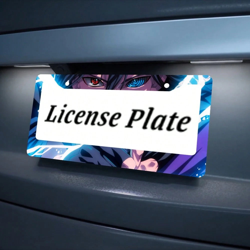 1pc Blue And Black Anime Eyes Pattern 2 Hole License Plate Frame Aluminum Material 6x12 Inches With Screw Set Cartoon Funny Car Decoration Standard US License Plate Size
