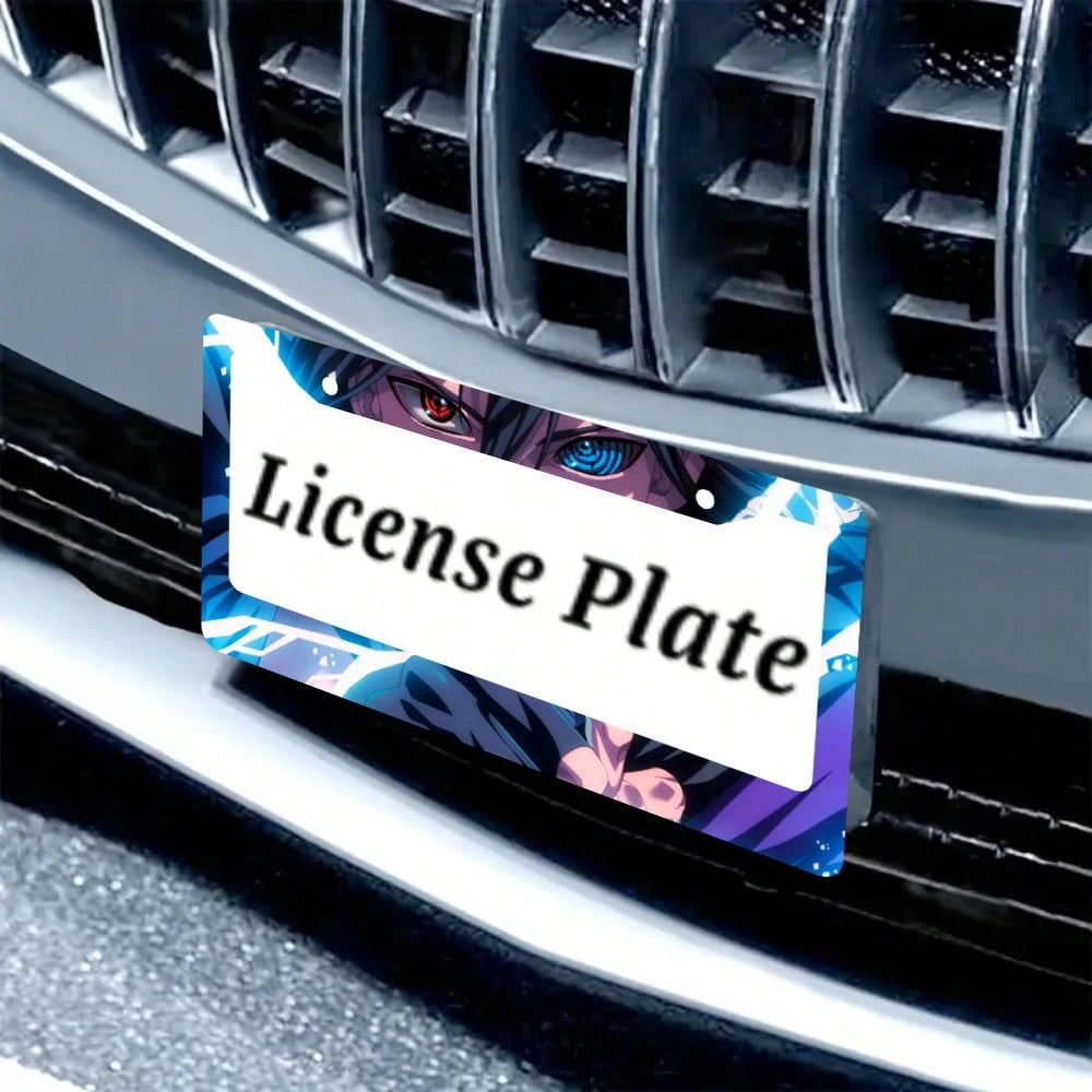 1pc Blue And Black Anime Eyes Pattern 2 Hole License Plate Frame Aluminum Material 6x12 Inches With Screw Set Cartoon Funny Car Decoration Standard US License Plate Size