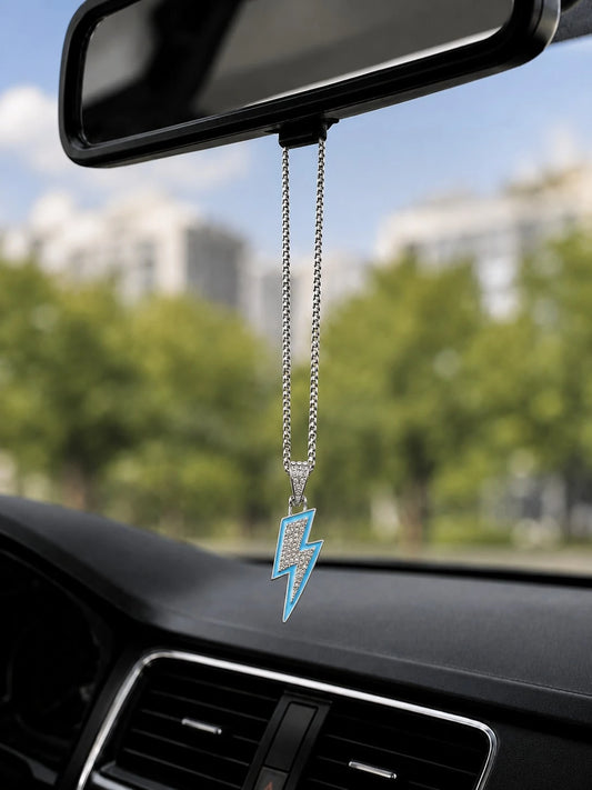 1pc Blue Enamel Rhinestone Lightning Pendant Car Rearview Mirror Hanging Ornament, Box Chain Pendant Car Interior Accessory, Multi-Purpose Car Interior Decoration Hanging Ornament, Also Can Be Worn As
