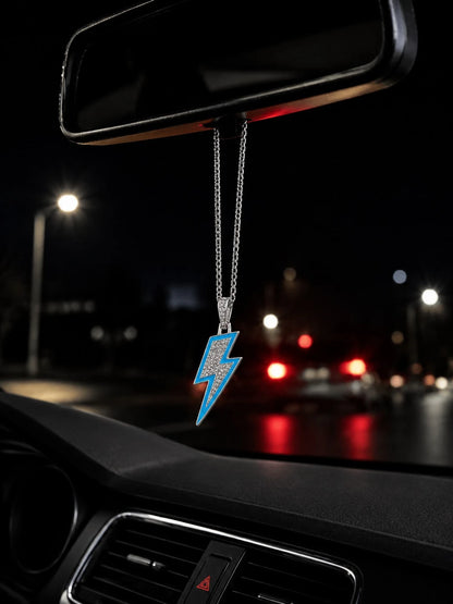 1pc Blue Enamel Rhinestone Lightning Pendant Car Rearview Mirror Hanging Ornament, Box Chain Pendant Car Interior Accessory, Multi-Purpose Car Interior Decoration Hanging Ornament, Also Can Be Worn As