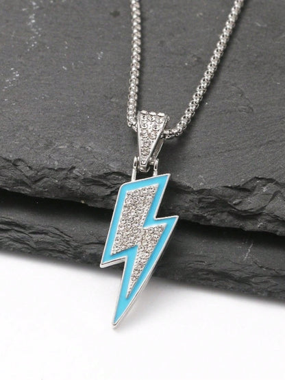 1pc Blue Enamel Rhinestone Lightning Pendant Car Rearview Mirror Hanging Ornament, Box Chain Pendant Car Interior Accessory, Multi-Purpose Car Interior Decoration Hanging Ornament, Also Can Be Worn As
