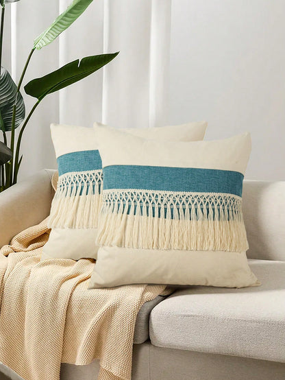 1pc Boho Tassel Throw Pillow Cover, Patchwork Canvas Living Room Cushion Cover (Pillow Insert Not Included)