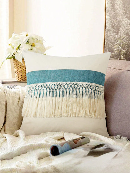 1pc Boho Tassel Throw Pillow Cover, Patchwork Canvas Living Room Cushion Cover (Pillow Insert Not Included)
