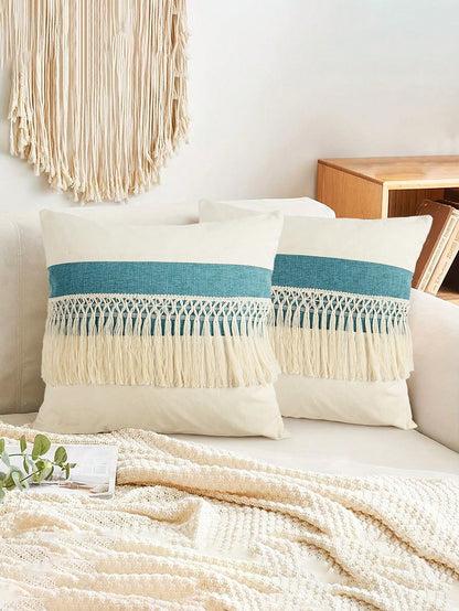 1pc Boho Tassel Throw Pillow Cover, Patchwork Canvas Living Room Cushion Cover (Pillow Insert Not Included)