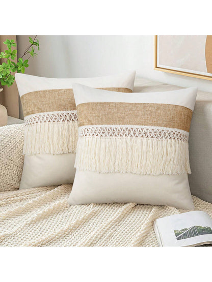 1pc Boho Tassel Throw Pillow Cover, Patchwork Canvas Living Room Cushion Cover (Pillow Insert Not Included)