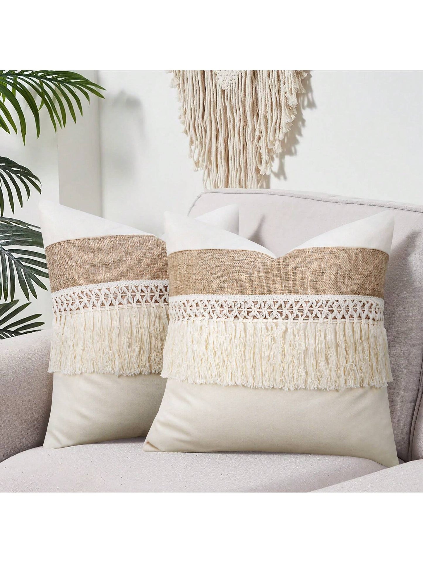 1pc Boho Tassel Throw Pillow Cover, Patchwork Canvas Living Room Cushion Cover (Pillow Insert Not Included)