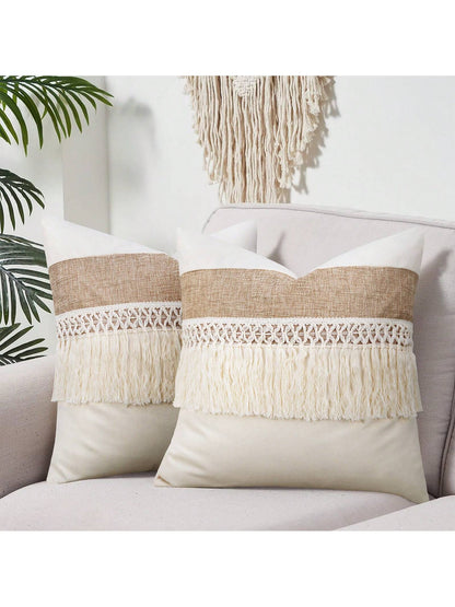 1pc Boho Tassel Throw Pillow Cover, Patchwork Canvas Living Room Cushion Cover (Pillow Insert Not Included)