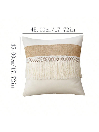 1pc Boho Tassel Throw Pillow Cover, Patchwork Canvas Living Room Cushion Cover (Pillow Insert Not Included)
