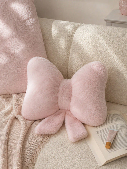 1PC Bow Pattern Pillow, Cute Style Faux Rabbit Fur Bow-Shaped Rose Texture Decorative & Comfort Support Cushion- Ideal For Valentine's Day, Bedroom & Living Room Room Decor, Year-Round Daily Use