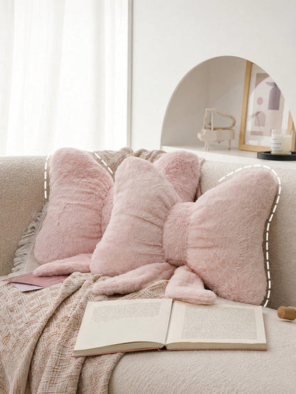 1PC Bow Pattern Pillow, Cute Style Faux Rabbit Fur Bow-Shaped Rose Texture Decorative & Comfort Support Cushion- Ideal For Valentine's Day, Bedroom & Living Room Room Decor, Year-Round Daily Use