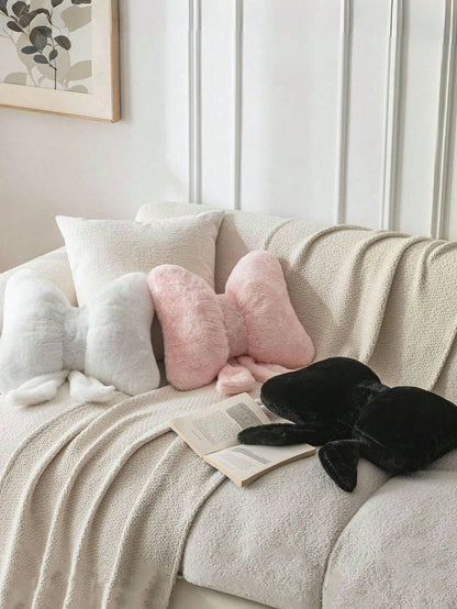 1PC Bow Pattern Pillow, Cute Style Faux Rabbit Fur Bow-Shaped Rose Texture Decorative & Comfort Support Cushion- Ideal For Valentine's Day, Bedroom & Living Room Room Decor, Year-Round Daily Use
