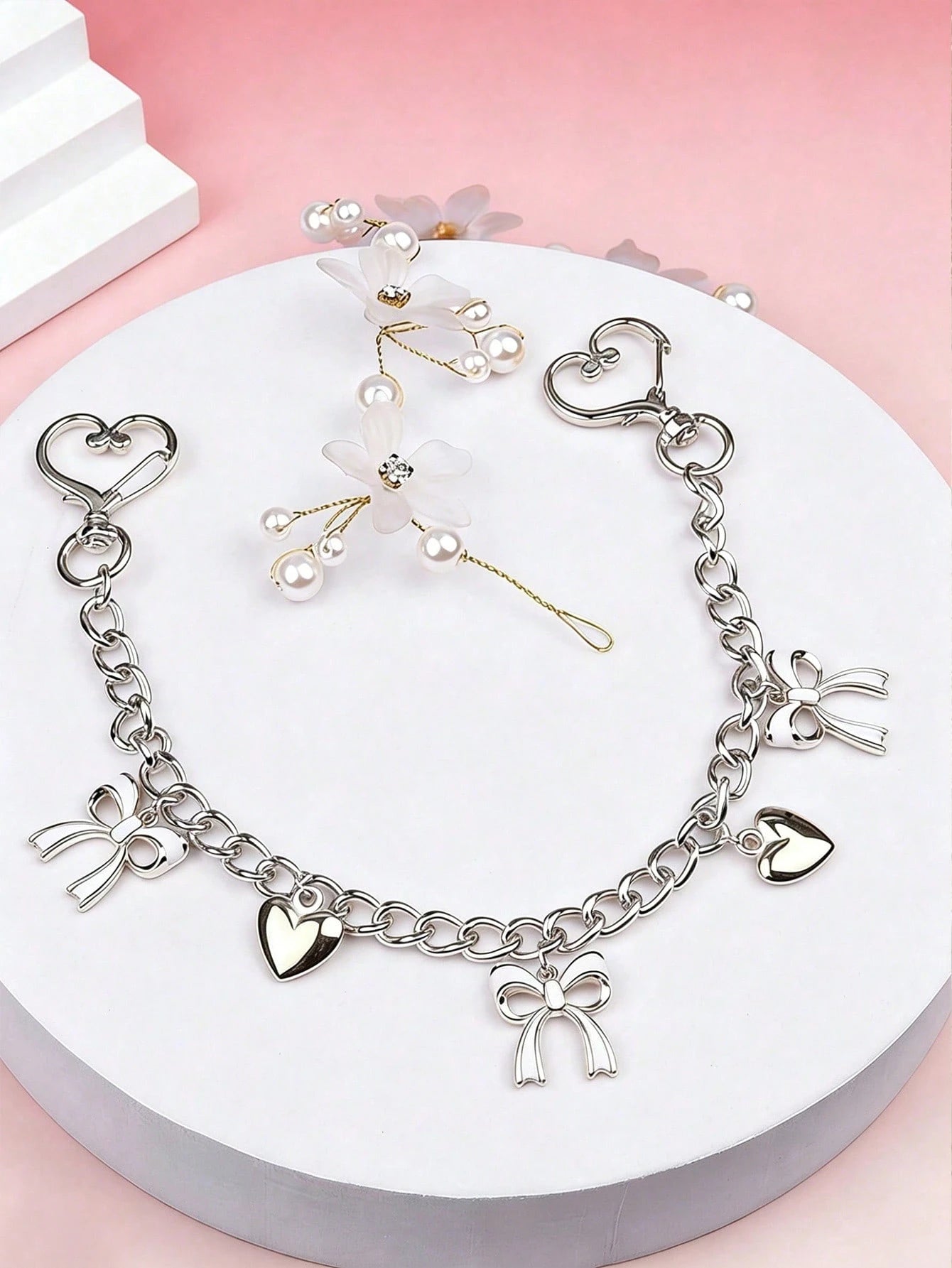 1pc Bowknot Pattern Handbag Chain Accessory, White Bowknot Pendant Handbag Extension Chain, Decorative And Replaceable Metal Bag Chain, Fashion Pendant, Beach Vacation Style, Bowknot Y2K Kawaii Keycha