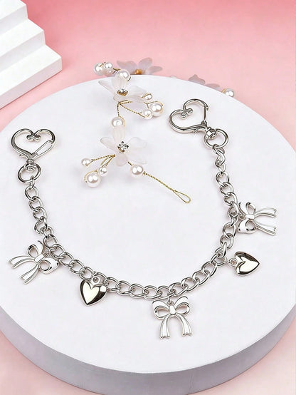 1pc Bowknot Pattern Handbag Chain Accessory, White Bowknot Pendant Handbag Extension Chain, Decorative And Replaceable Metal Bag Chain, Fashion Pendant, Beach Vacation Style, Bowknot Y2K Kawaii Keycha
