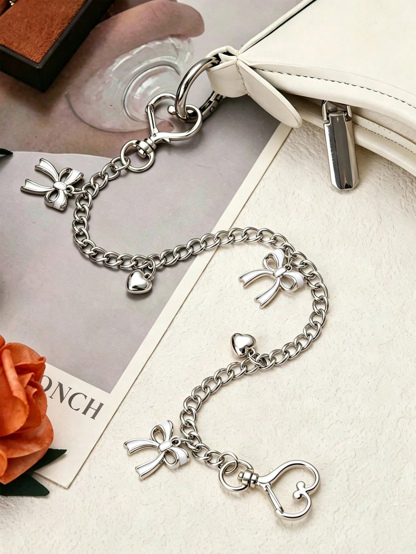 1pc Bowknot Pattern Handbag Chain Accessory, White Bowknot Pendant Handbag Extension Chain, Decorative And Replaceable Metal Bag Chain, Fashion Pendant, Beach Vacation Style, Bowknot Y2K Kawaii Keycha