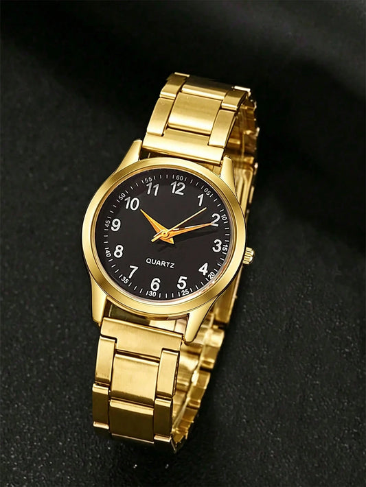 1pc Boys Gold Alloy Band Casual Round Dial Quartz Watch, Suitable For Daily Wear
