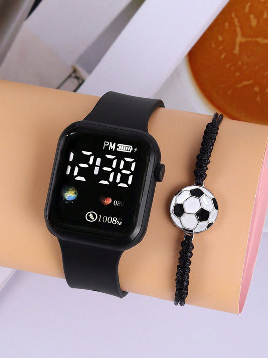 1pc Boys Or Girls Football Shaped LED Digital Wristwatch, Football Print Bracelet, Suitable For Daily Wear, Sports