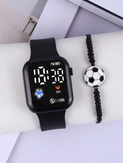 1pc Boys Or Girls Football Shaped LED Digital Wristwatch, Football Print Bracelet, Suitable For Daily Wear, Sports