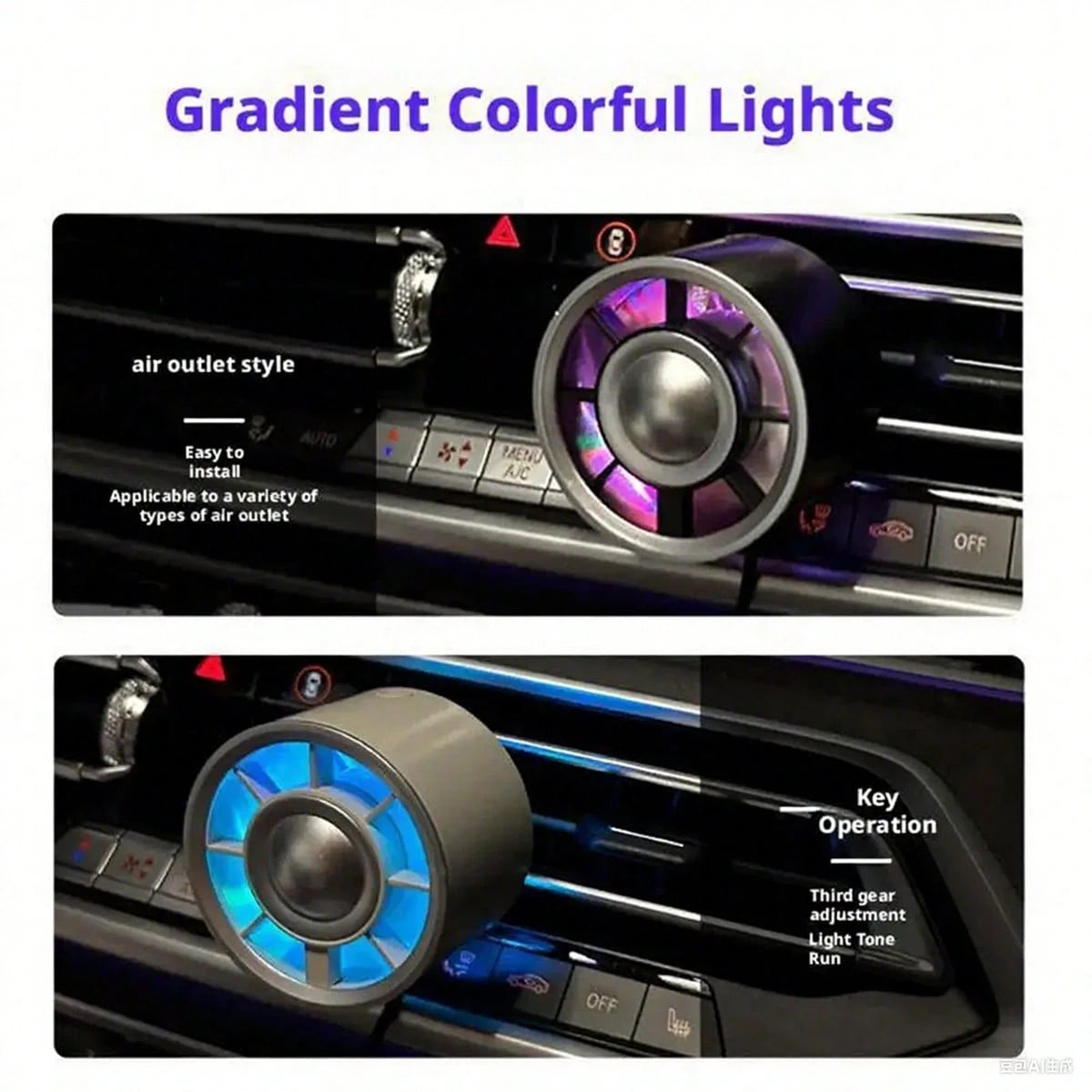 1pc Car Air Vent Cooling Fan, Adjustable USB Powered Powerful Turbo Fan With Gradient Colorful Ambient Light, Low Noise Multi-Function Mini Car Interior Fan Cooler