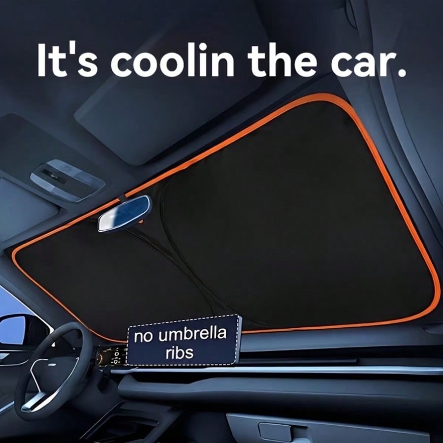1pc Car Front Windshield Sun Shade, Convenient Storage Design, Drill-Free Installation, Perfect Edge Fit, High-Density Blackout Fabric With Reflective Coating