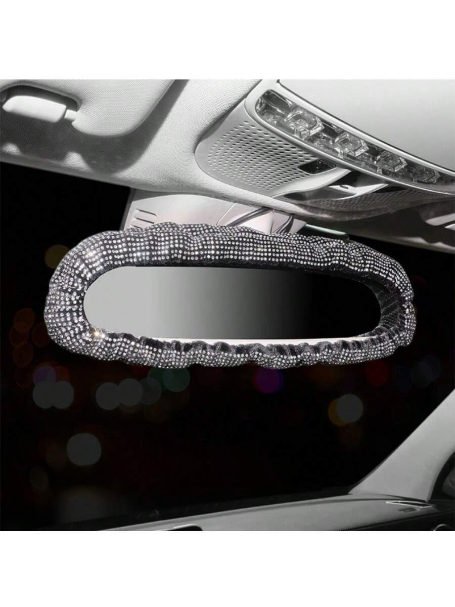1pc Car Interior Fully Rhinestoned Elastic Rear View Mirror Protective Cover Decoration Set