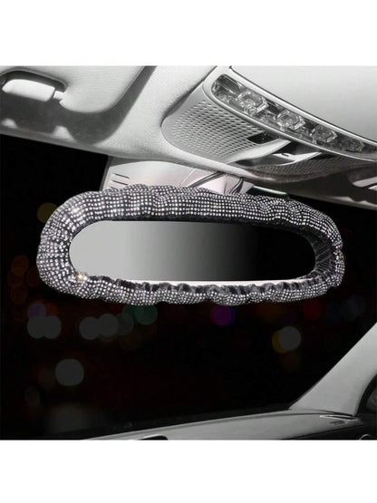 1pc Car Interior Fully Rhinestoned Elastic Rear View Mirror Protective Cover Decoration Set