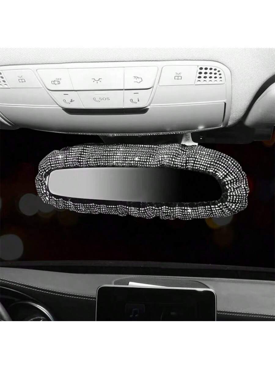 1pc Car Interior Fully Rhinestoned Elastic Rear View Mirror Protective Cover Decoration Set