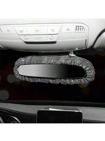 1pc Car Interior Fully Rhinestoned Elastic Rear View Mirror Protective Cover Decoration Set