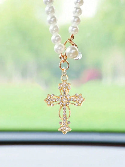 1pc Car Interior Pendant- Pearl Chain And Cross; Pearl And Diamond Elements; Elegant Style, Cross Pendant, Car Rearview Mirror Decor, Cross Keychain, Pearl Pendant Accessory, Faith Jewelry Pendant De
