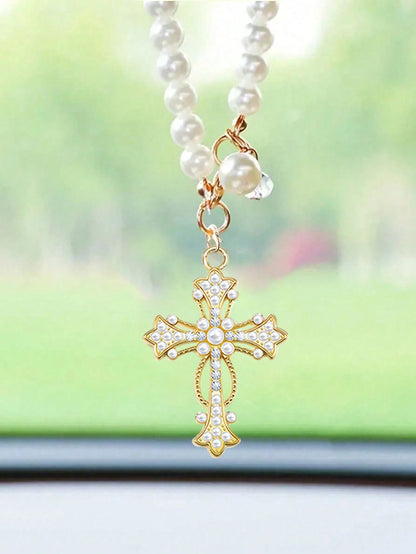 1pc Car Interior Pendant- Pearl Chain And Cross; Pearl And Diamond Elements; Elegant Style, Cross Pendant, Car Rearview Mirror Decor, Cross Keychain, Pearl Pendant Accessory, Faith Jewelry Pendant De