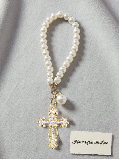 1pc Car Interior Pendant- Pearl Chain And Cross; Pearl And Diamond Elements; Elegant Style, Cross Pendant, Car Rearview Mirror Decor, Cross Keychain, Pearl Pendant Accessory, Faith Jewelry Pendant De