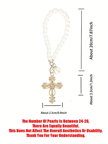 1pc Car Interior Pendant- Pearl Chain And Cross; Pearl And Diamond Elements; Elegant Style, Cross Pendant, Car Rearview Mirror Decor, Cross Keychain, Pearl Pendant Accessory, Faith Jewelry Pendant De
