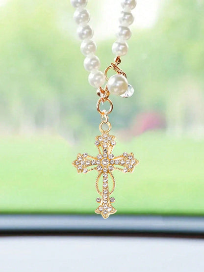 1pc Car Interior Pendant- Pearl Chain And Cross; Pearl And Diamond Elements; Elegant Style, Cross Pendant, Car Rearview Mirror Decor, Cross Keychain, Pearl Pendant Accessory, Faith Jewelry Pendant De