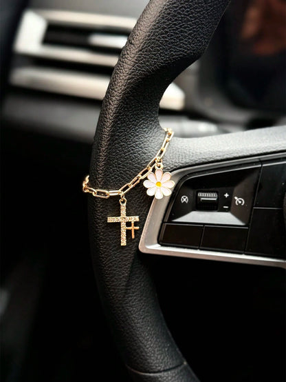 1pc Car Steering Wheel Decorative Chain Cross Chrysanthemum Decoration Interior Decoration Accessories