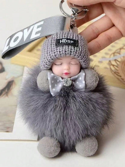 1Pc Cartoon Doll Faux Fur Keychain Alloy Key Ring With Data Cable Storage Bag For Bag Car Key Decoration Valentine Gift