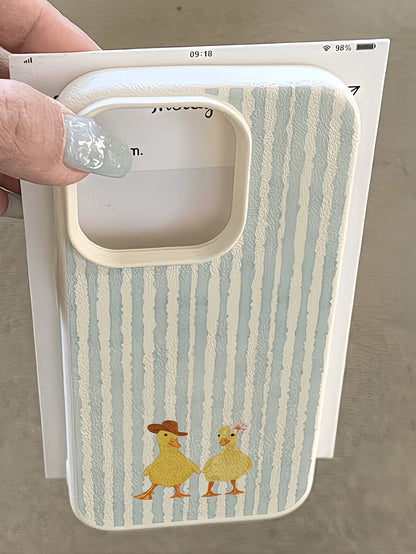 1pc Cartoon Western Style Duck Pattern Light Blue White Striped Minimalist Full Coverage TPU Shockproof Fashion Phone Case Compatible With Apple 17, 16, 15, 14, 13, 12, 11 Pro Max, Air, And Series Bir
