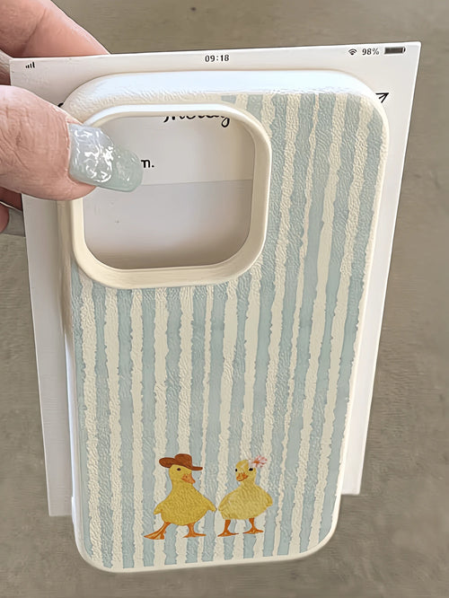 1pc Cartoon Western Style Duck Pattern Light Blue White Striped Minimalist Full Coverage TPU Shockproof Fashion Phone Case Compatible With Apple 17, 16, 15, 14, 13, 12, 11 Pro Max, Air, And Series Bir