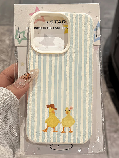 1pc Cartoon Western Style Duck Pattern Light Blue White Striped Minimalist Full Coverage TPU Shockproof Fashion Phone Case Compatible With Apple 17, 16, 15, 14, 13, 12, 11 Pro Max, Air, And Series Bir