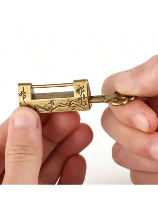 1pc Chinese Vintage Antique Locks Old Style Lock And Key Excellent BrassCarved Word Padlock
