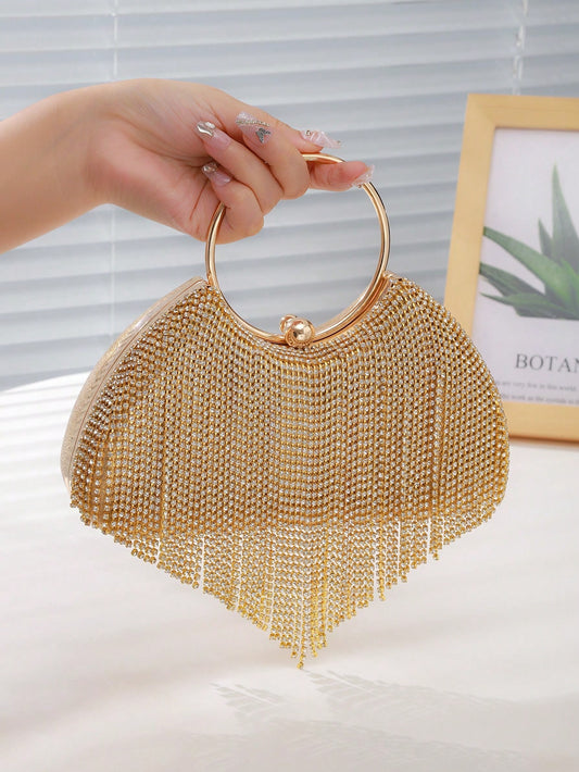 1pc Classic Rhinestone-Decorated Tassel Evening Bag, Shiny & Glamorous Elegant Rhinestone-Embellished Round Wristlet Clutch,Bride