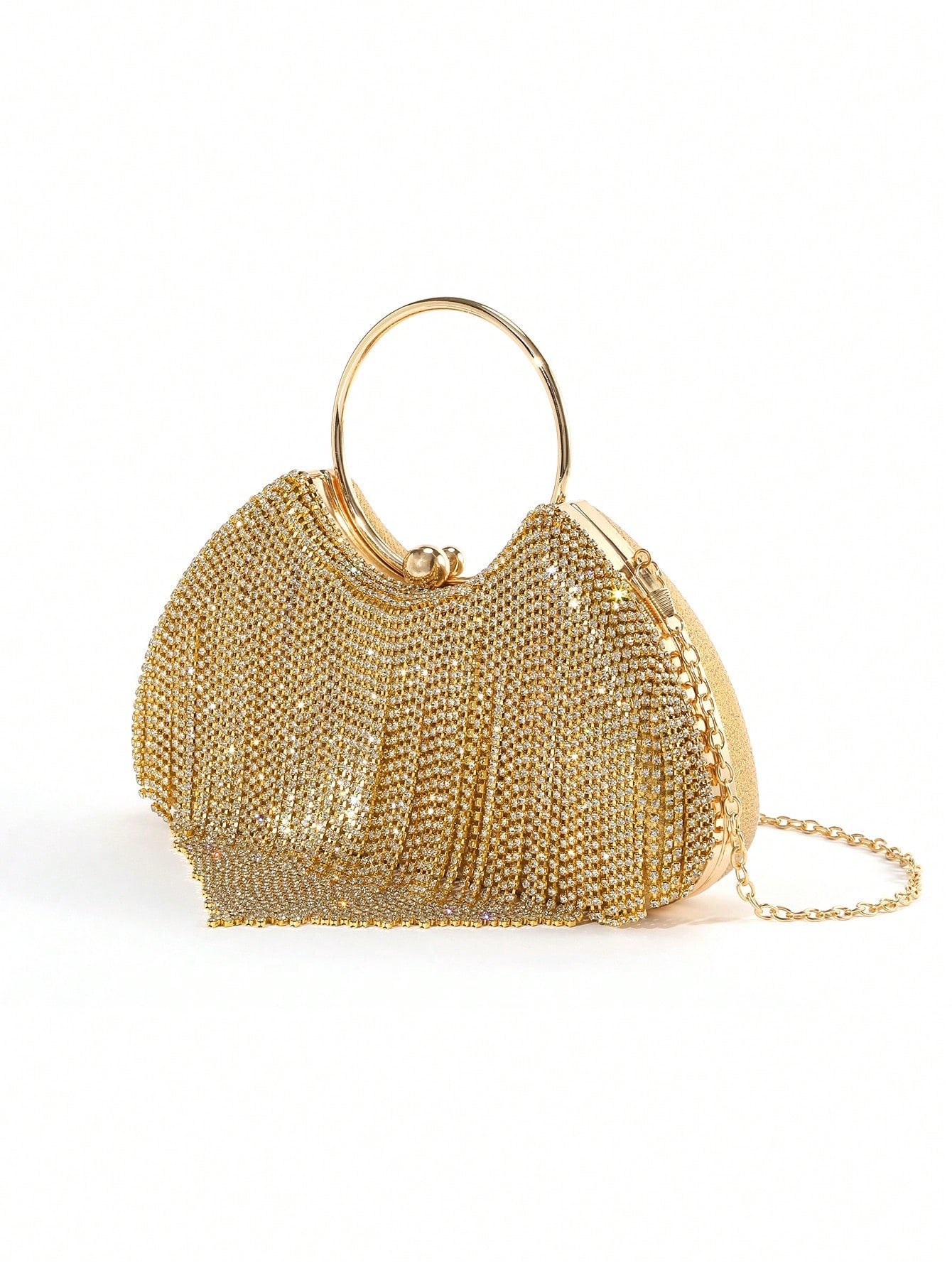 1pc Classic Rhinestone-Decorated Tassel Evening Bag, Shiny & Glamorous Elegant Rhinestone-Embellished Round Wristlet Clutch,Bride