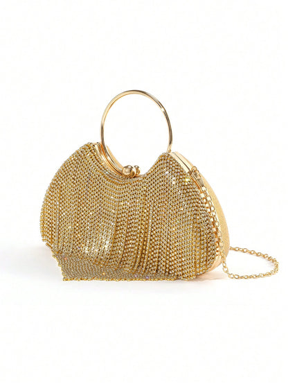 1pc Classic Rhinestone-Decorated Tassel Evening Bag, Shiny & Glamorous Elegant Rhinestone-Embellished Round Wristlet Clutch,Bride
