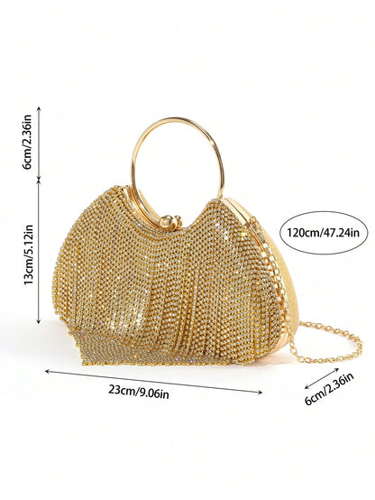 1pc Classic Rhinestone-Decorated Tassel Evening Bag, Shiny & Glamorous Elegant Rhinestone-Embellished Round Wristlet Clutch,Bride