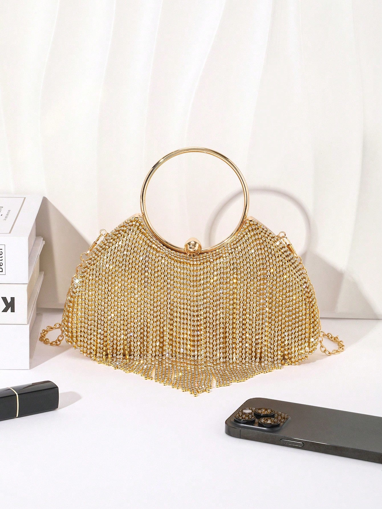 1pc Classic Rhinestone-Decorated Tassel Evening Bag, Shiny & Glamorous Elegant Rhinestone-Embellished Round Wristlet Clutch,Bride