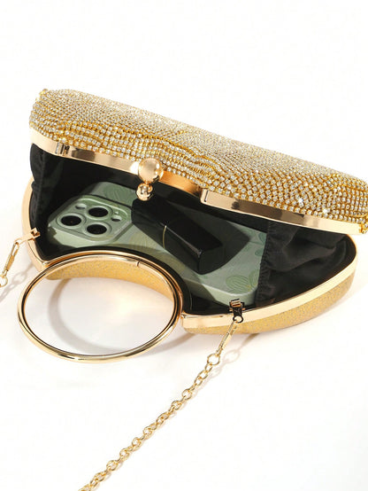 1pc Classic Rhinestone-Decorated Tassel Evening Bag, Shiny & Glamorous Elegant Rhinestone-Embellished Round Wristlet Clutch,Bride
