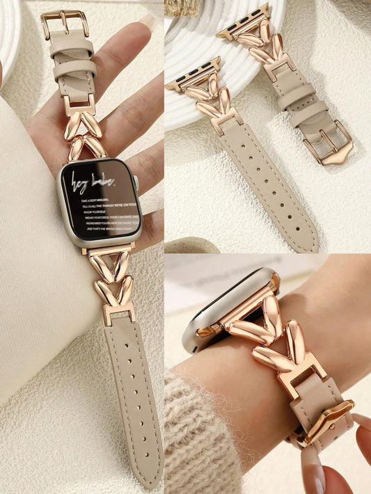 1pc Compatible With Apple Watch Band, Apricot And Rose Gold Metal V-Shaped Chain Strap, High-End Fashion Style, Suitable For Apple Watch 38/40/41/42/44/45/46/49mm, Compatible With Ultra/Se/11/10/9 8/7